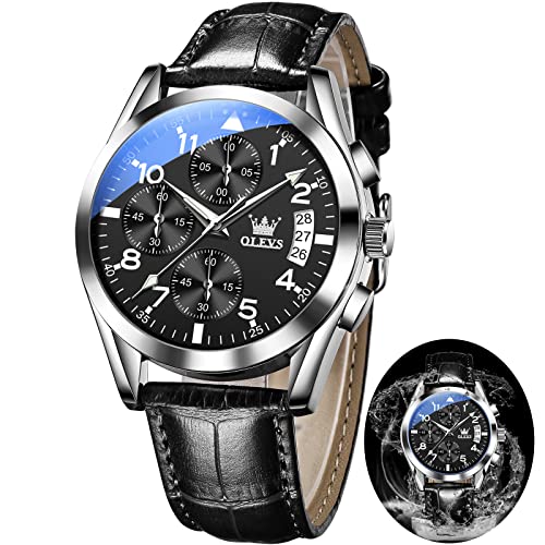 OLEVS Mens Watches Chronograph Luxury Dress Mens Leather Watch Black Dial Casual Waterproof Watches for Men Relojes para Hombres